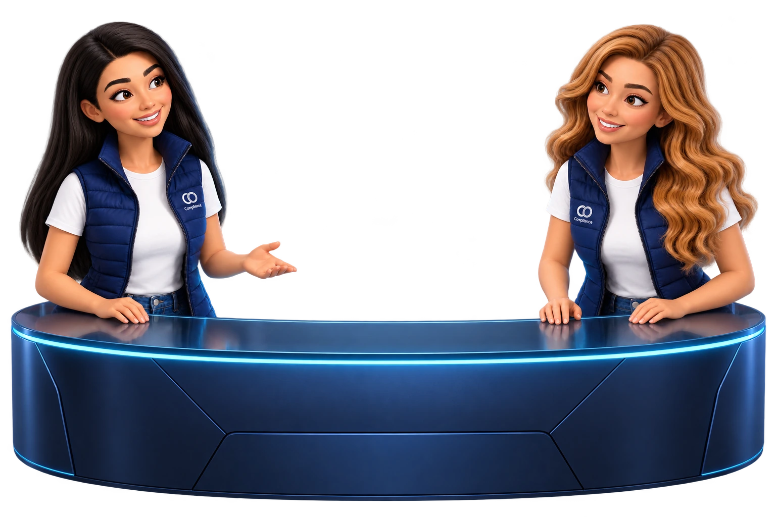 As duas mascotes N.hub atrás de uma bancada, explorando juntas um painel holográfico